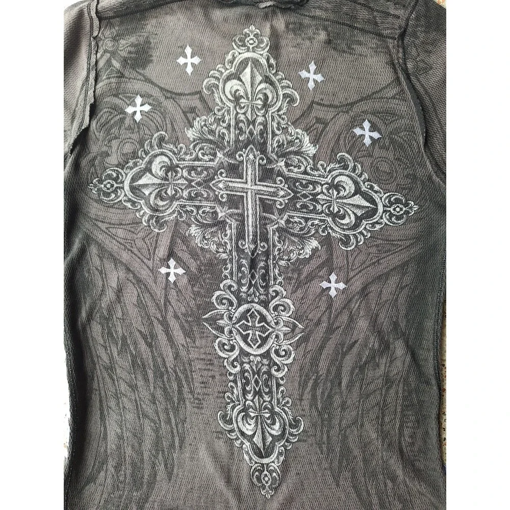 Affliction Big Cross Wings Skull Y2K Grunge Reversible Thermal Longsleeve Shirt